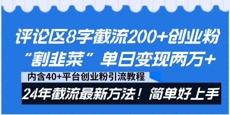 评论区8字截流200+创业粉“割韭菜”单日变现两万+24年截流最新方法！-久创网