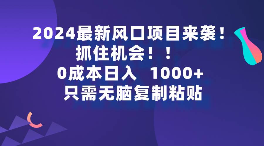 2024最新风口项目来袭，抓住机会，0成本一部手机日入1000+，只需无脑复…-久创网