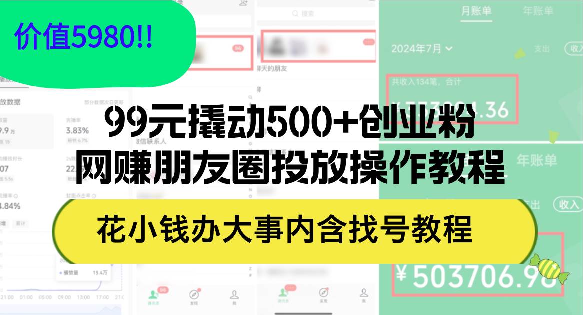 99元撬动500+创业粉，网赚朋友圈投放操作教程价值5980！花小钱办大事内…-久创网