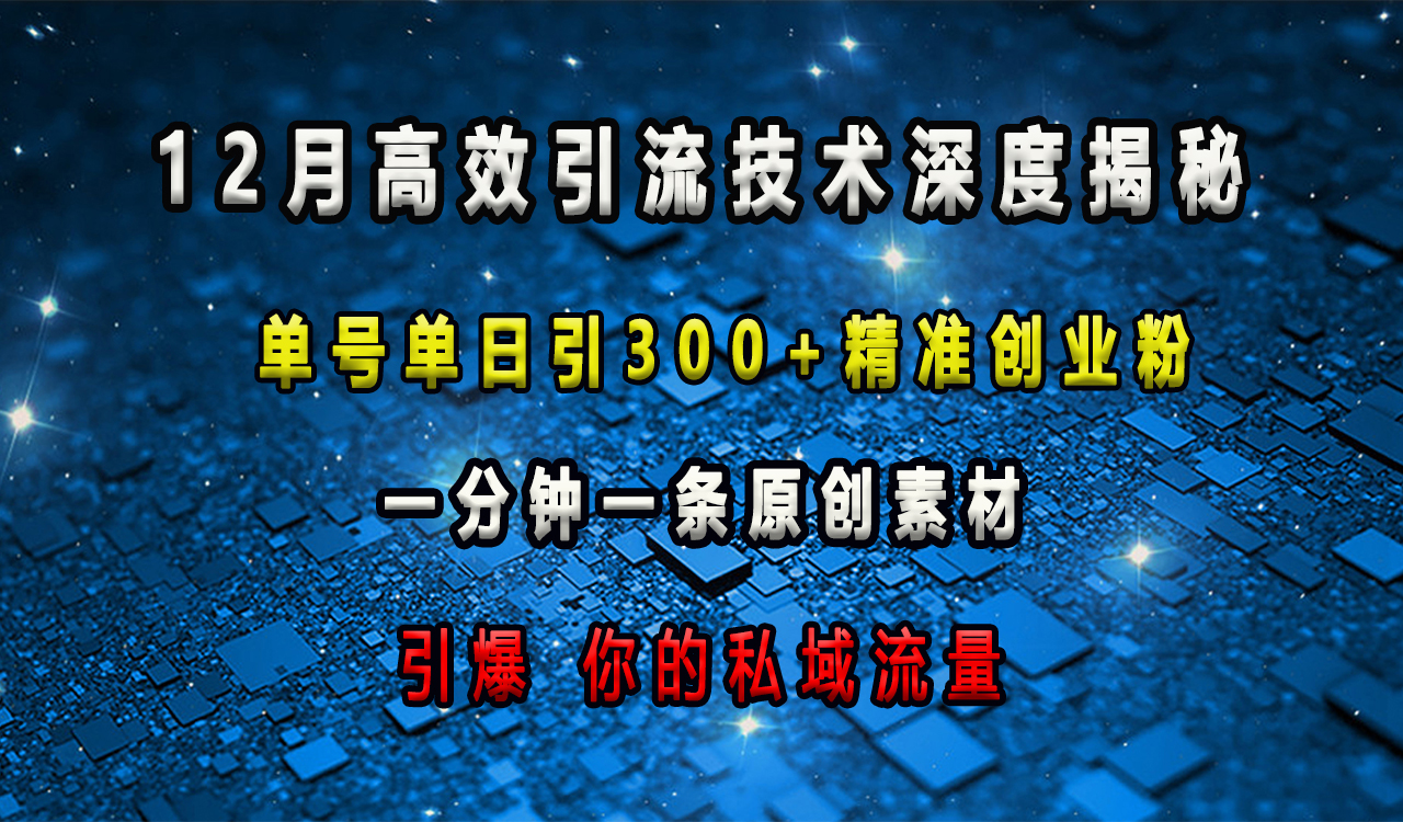 12月高效引流技术深度揭秘 ，单号单日引300+精准创业粉，一分钟一条原创素材，引爆你的私域流量-久创网