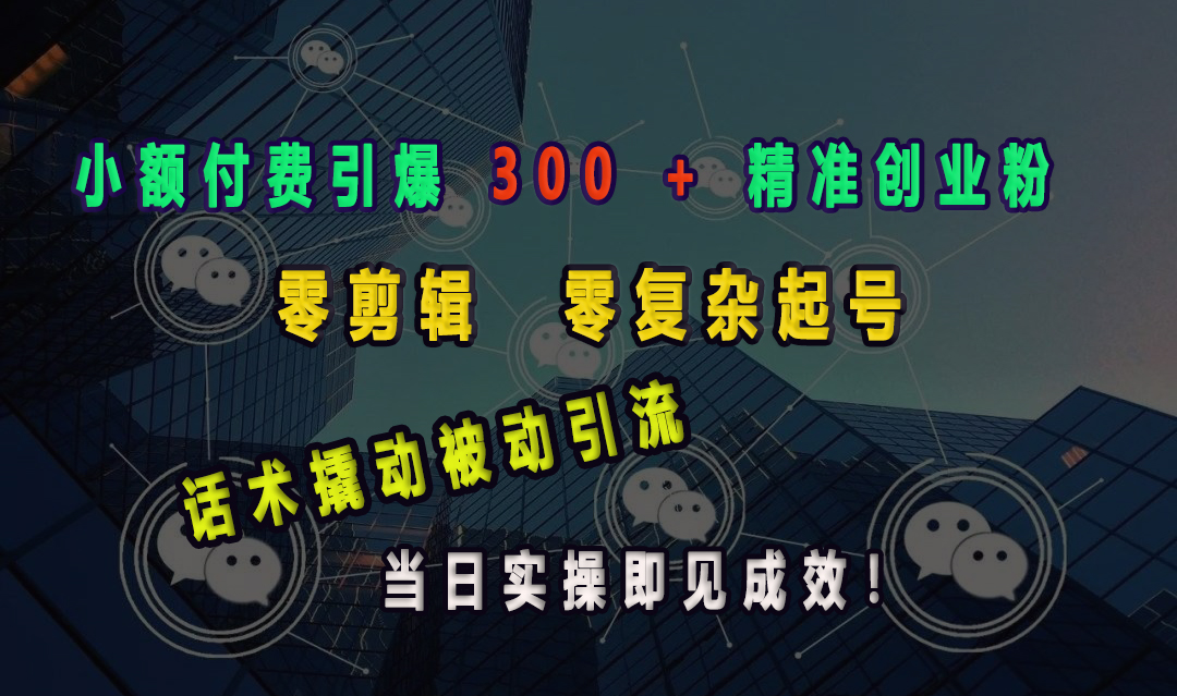 小额付费引爆 300 + 精准创业粉，零剪辑、零复杂起号，话术撬动被动引流，当日实操即见成效！-久创网