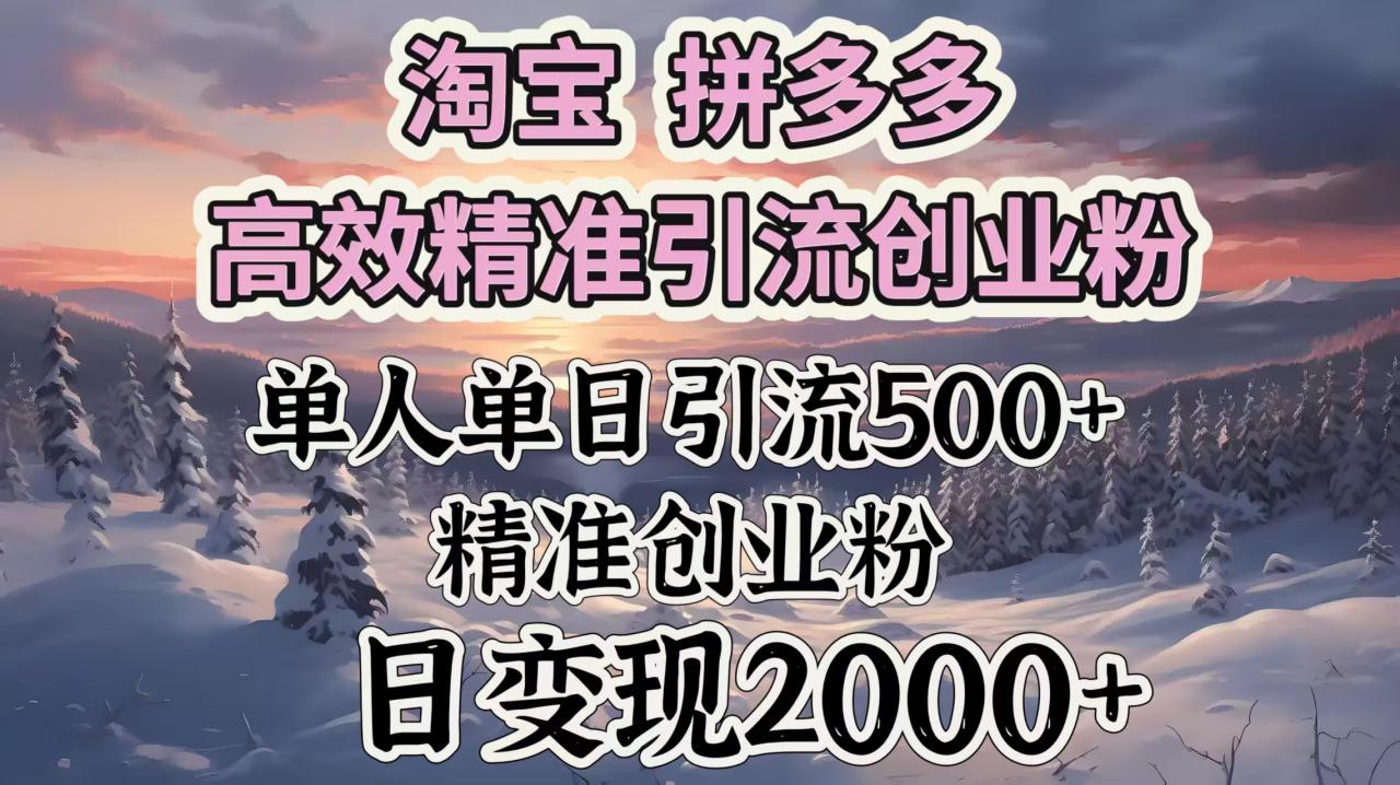 淘宝拼多多高效精准引流创业粉，单人单日引流500＋创业粉，日变现2000＋-久创网